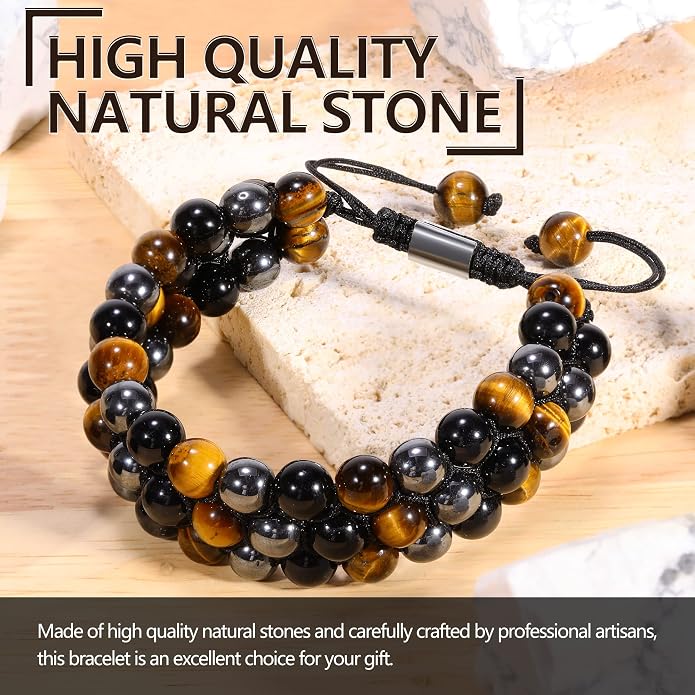 Triple Protection Bracelet, Genuine Tigers Eye Black Obsidian and Hematite 8mm Beads Bracelet for Men Women, Crystal Jewelry Stone Bracelets Gifts for Men Bring Luck Prosperity