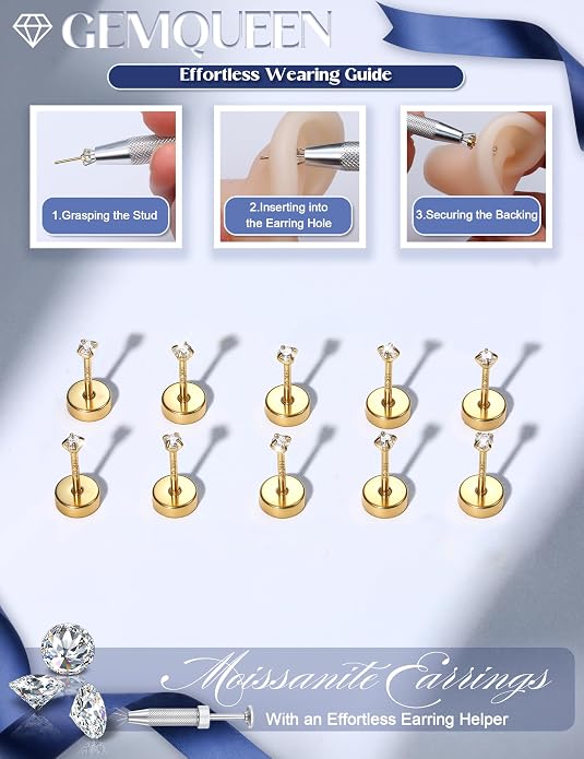 GEMQUEEN 5 Pairs Moissanite Earrings Studs 14K Gold Plated Stainless Steel Flat Back Earring for Women Men - Hypoallergenic Set Cartilage Helix Piercing Jewelry Brilliant Round Cut D Color VVS1 2mm