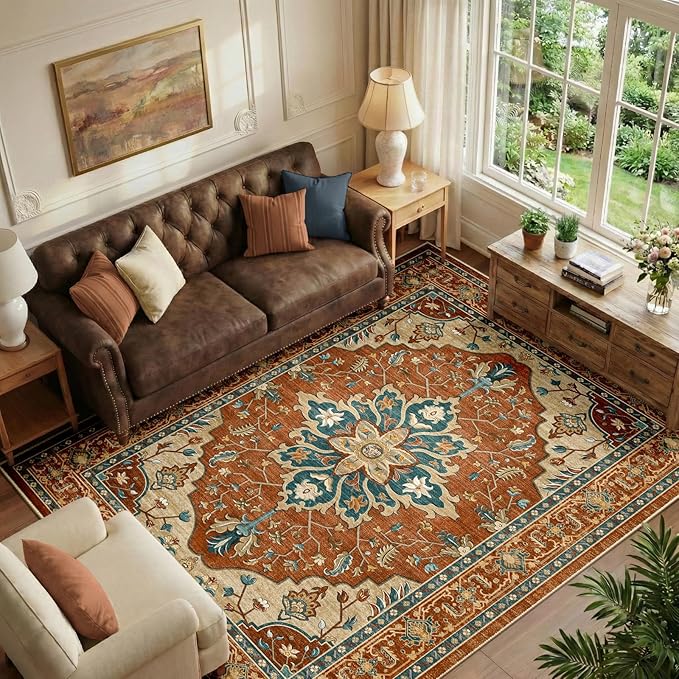 RELEANY Area Rugs 6'x8' Washable Non-Slip, Floral Vintage Distress Medallion Carpet for Living Room Bedroom Dining Room, Red Orange Blue Brown