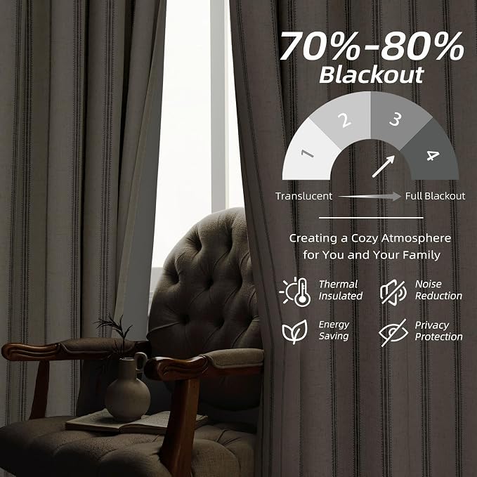 DriftAway Farmhouse Linen Stripe Blackout Curtains, W52xL63, Gray | Blackout, Linen Texture, Stripe Pattern, Rod Pocket & Back Tab, Two Layers, Bedroom Living Room Use, Sound Reducing Design