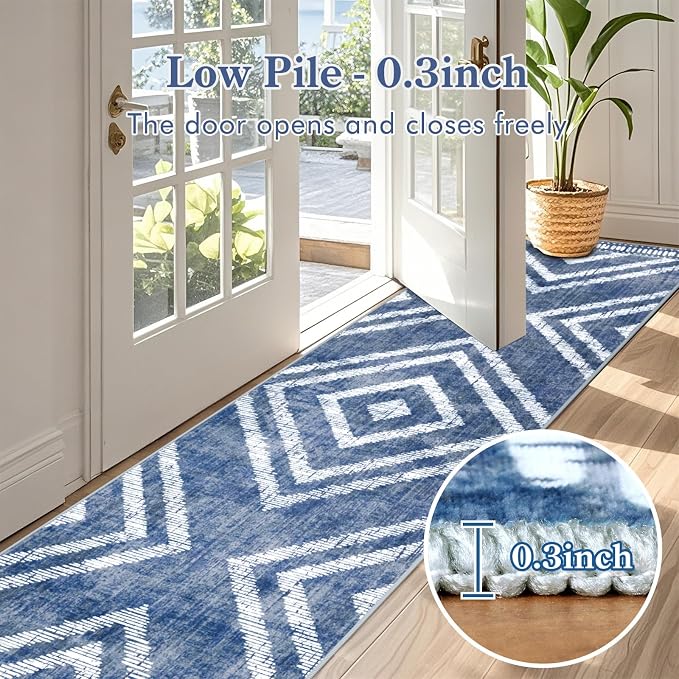 2x10Ft Boho Hallway Runner Rugs Non Slip, Blue Geometric Washable Rug Runners for Kitchen, Soft Low Pile Modern Farmhouse Entryway Floor Carpets for Entrance Doorway Bedroom Home Decor