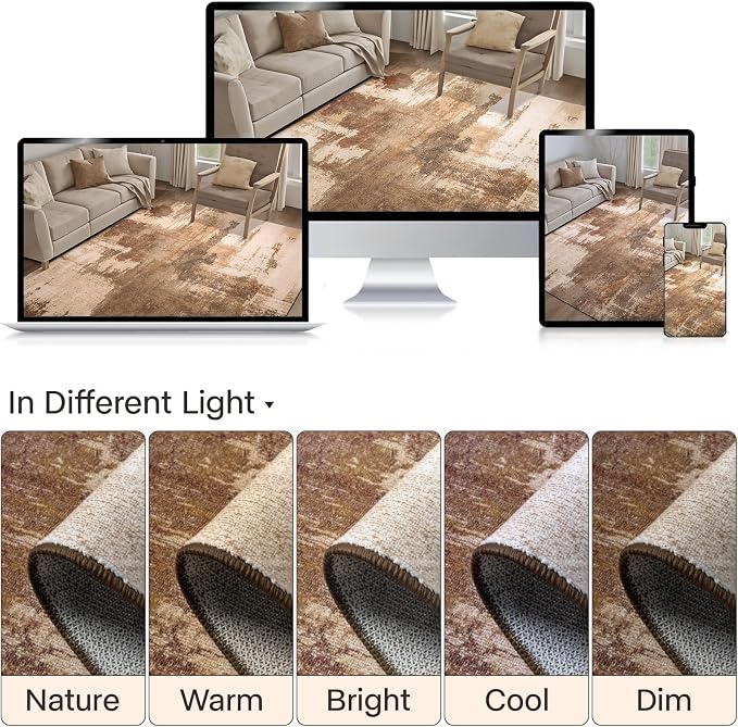 Kelarea Living Room Rug, 4x6 Rug Modern Abstract Washable Rugs Brown Foldable Faux Wool Vintage Carpets, Non Slip Rug for Bedroom, Dining Room, College Dorm, Kids Playroom, Home Office