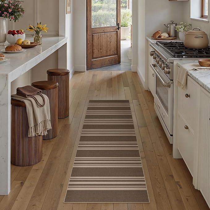 PureCozy Washable Kitchen Runner Rug 2x6 Striped Jute Look Non Slip | Brown Stripe Farmhouse Design, Indoor Outdoor Hallway Runner for Entryway, Laundry Room and Kitchen, Non Shedding, Easy Care