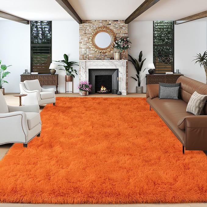 Dssimo Orange Rug for Bedroom Living Room, 10x14 Soft Shaggy Area Rugs | Large Plush Fluffy Upgrade Non-Slip Burnt Orange Rug for Nursery Kids Room Dorm Room Home Decor, Indoor Plush Floor Carpet