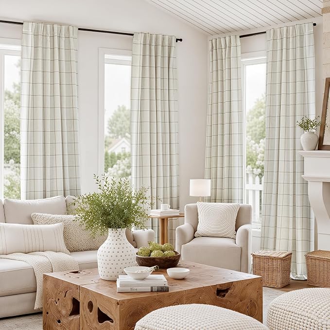 DriftAway 100% Blackout Plaid Linen Curtains 72 Inches Long 2 Panels Taupe | 100% Blackout, Linen Texture, Plaid Pattern, Two Layers, Rod Pocket & Back Tab, Bedroom Living Room Use, Luxury Appearance