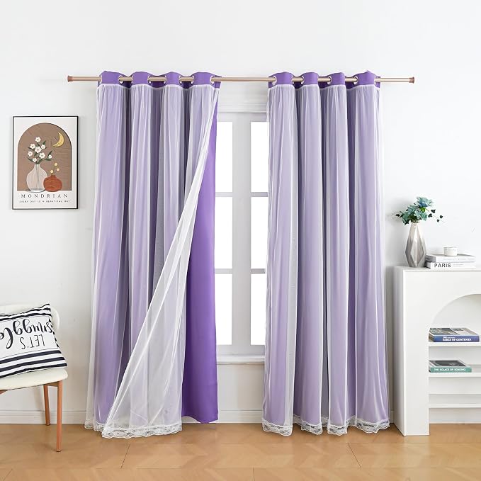 2 Panels Purple Blackout Curtains 52x84 Inches- Double Layer Lace Grommet for Bedroom, Nursery, Kids Room