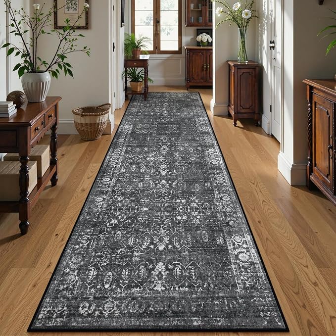 Lahome Margot Black Washable Runners for Hallways, Boho 2'6"x10' Kitchen Runner Rugs Non Skid Indoor Bathroom Runner Rug, Distressed Carpet Runners for Bedroom Entryway (2'6"x10', Black/Grey)