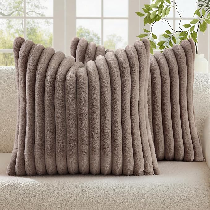 decorUhome Fall Faux Fur Throw Pillow Covers 20x20 Set of 2 Light Coffee | Decorative Soft Cozy Striped Plush Modern Farmhouse Boho Couch Pillow Cases Velvet Back for Sofa Bed Living Room Home Decor