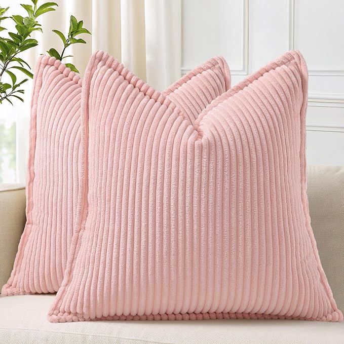 decorUhome Fall Corduroy Pink Throw Pillow Covers 18x18 Set of 2 | Couch Decorative Soft Modern Boho Farmhouse Pillow Covers Broadside Striped Pillow Cases for Living Room Bed Sofa