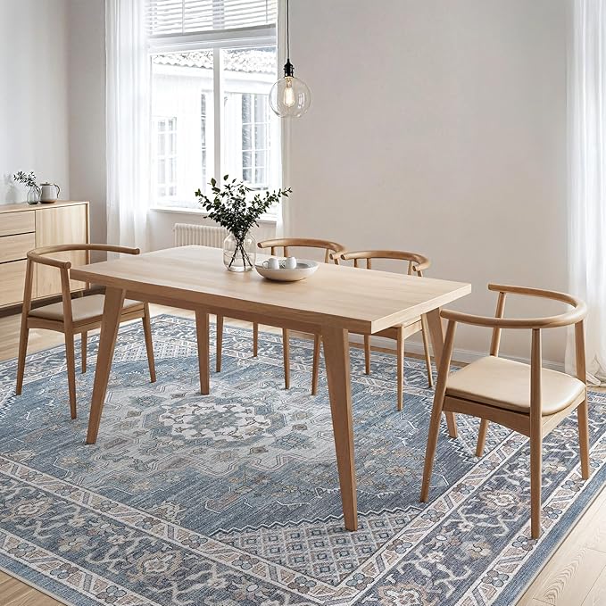 Tortania Area Rug Living Room Rugs - 10x12 Washable Boho Rug Vintage Oriental Distressed Farmhouse Large Thin Indoor Carpet for Living Room Bedroom Under Dining Table Home Office - Blue