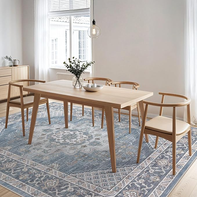 Tortania Area Rug Living Room Rugs - 6x9 Washable Boho Rug Vintage Oriental Distressed Farmhouse Large Thin Indoor Carpet for Living Room Bedroom Under Dining Table Home Office - Blue