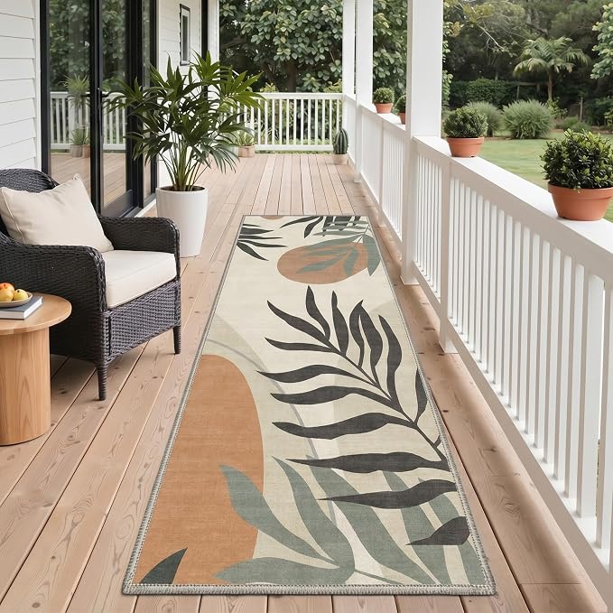 GENIMO 2.5x8 Outdoor Runner Rug, Washable for Patio, Beige Olive | Botanical leaf design for balcony; fade resistant chenille and quick-dry non-slip backing for indoor hallway kitchen.