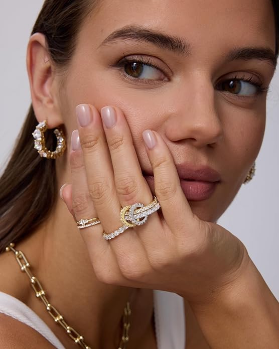 PAVOI 14K Gold Plated Interlocking Ring for Women - Chunky Connected Bands Interlock Stackable Rings for Women - Trendy Cubic Zirconia Two Tone Interlocked Multi-Band Statement Jewelry