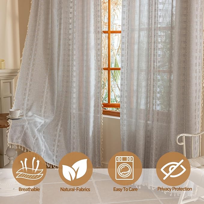 Boho Sheer Light Gray Curtains 84 inches Long 2 Panels for Living Room Bedroom,Farmhouse, Bohemian Beige Tassels Country Light filtering Curtains Shabby Chic Embroidery Striped Draps Back Tab, 50" W