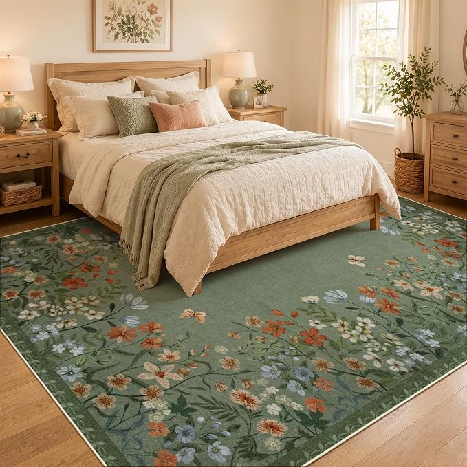 Wonnitar 8x10 Washable Area Rug, Green Floral Rug for Living Room, Boho Botanical Large Carpet for Bedroom, Non Slip Soft Nursery Rug, Cottagecore Dining Room Decor (8x10 Green)
