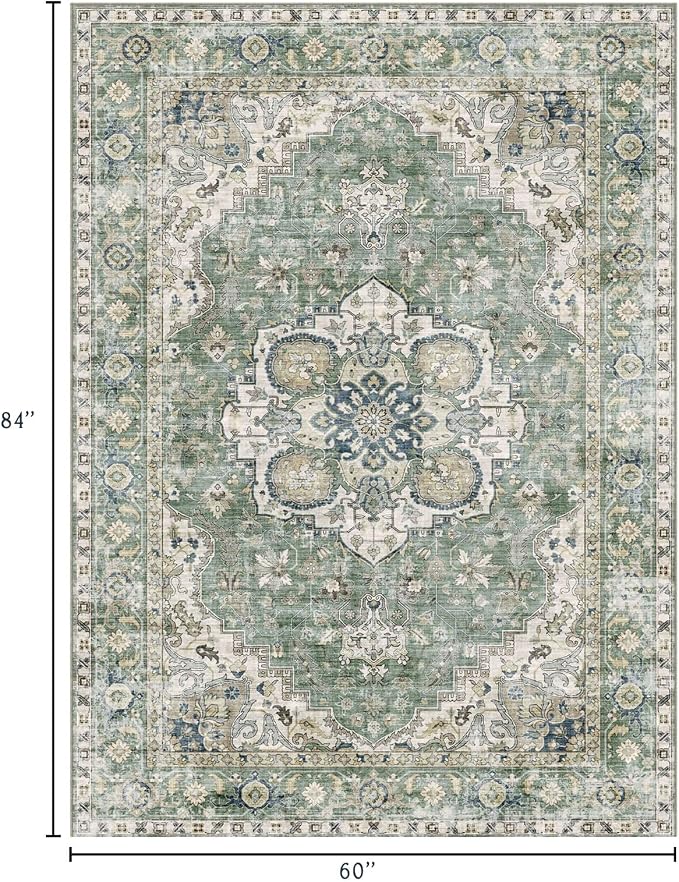 LUXRUG Washable Area Rug 5x7 - Boho Living Room Rug Stain Resistant Soft Bedroom Rug Ultra-Thin Sage Green Vintage Oriental Farmhouse Dining Room Rugs for Under Table Indoor Carpet for Living Room