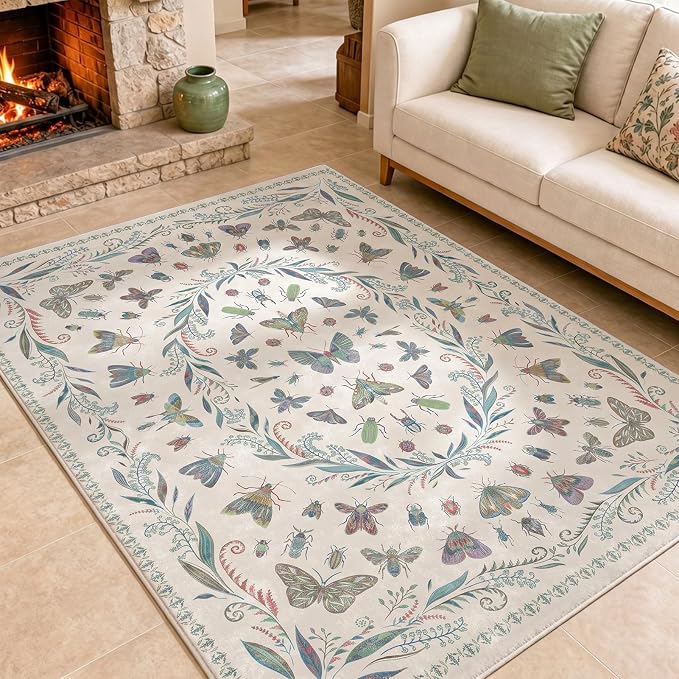 5x7 Beige and Green Nursery Rug - Colorful Rug for Playroom, Bedroom, Living Room, Insect Butterfly Floral Non-Slip Soft Carpet