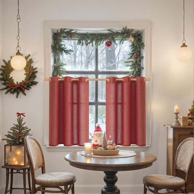 YoungsTex Burgundy Red Linen Curtains 40 Inch Length, Short Light Filtering Drapes with Bronze Grommet Privacy Lightweight for Kitchen Living Room Window, 42 x 40 Inch, 2 Panels