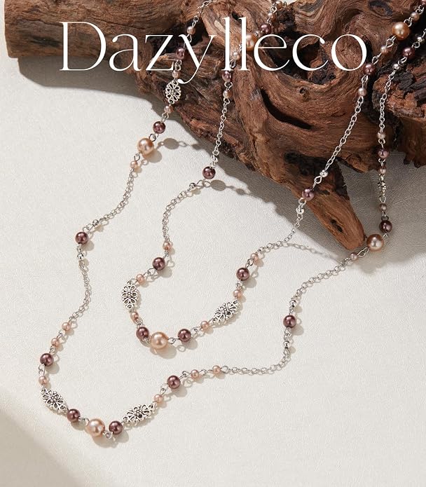 Long Beaded Silver Necklaces for Women Layered Long Statement Necklace with Stone Pearl Beads Double Sweater Chain Costume Jewelry for Women