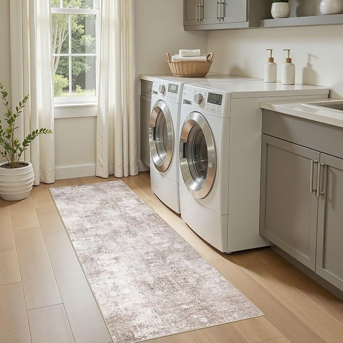 Machine Washable Runner Rug 2x6, Non Slip Soft Rug for Hallway | Modern Abstract Carpet, Stain Resistant and Kid & Pet Friendly, Low Pile Joint Friendly, Made for Kitchen, Bedside - Brown