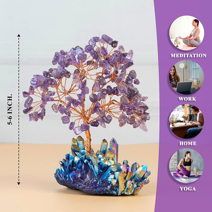 Crocon® Amethyst Crystals Tree with Rainbow Titanium Cluster Base Tree of Life Decor for Shelf, Birthday Gifts for Women, Sister Gifts, Birthday Gifts for Mom, Cute Home Decor, Purple Decor Present