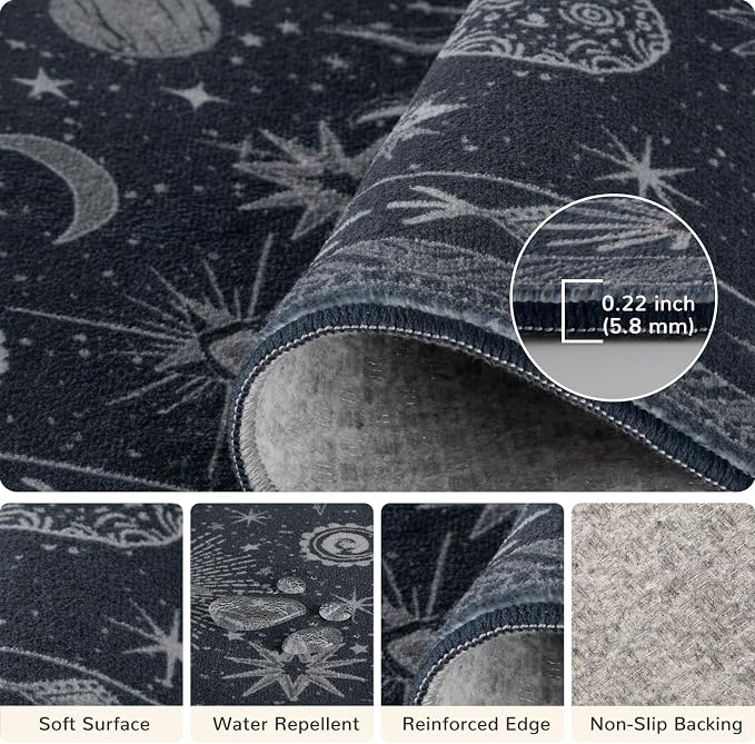 Vacuum-Friendly, 2x3 Washable Area Rug, Blue Gray White | Sun and Moon Boho Gothic Non-Slip Low Pile Living Roon Bedroom Dining Room Kitchen Entry Entryway Entrance Hallway Doormat