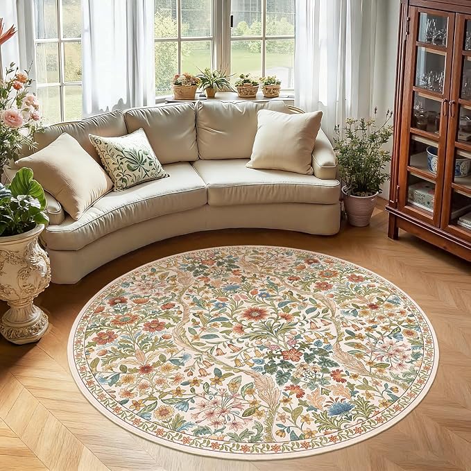 Round Rug 5ft Beige Washable Floral Circle Rug,Vintage Boho Botanical Round Area Rugs, Non-Slip Soft Low-Pile Circular Carpet for Bedroom,Kids Room,College Dorm,Home Decor