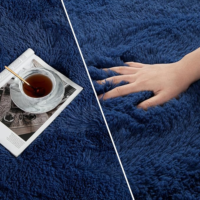 Deerhoo Shag Area Rug, 4 X 6 Plush Fuzzy Rugs for Living Room, Ultra Soft Fluffy Furry Rug for Bedroom, Indoor Carpet Nursery Rugs for Kids Room Home Decor, Navy Blue