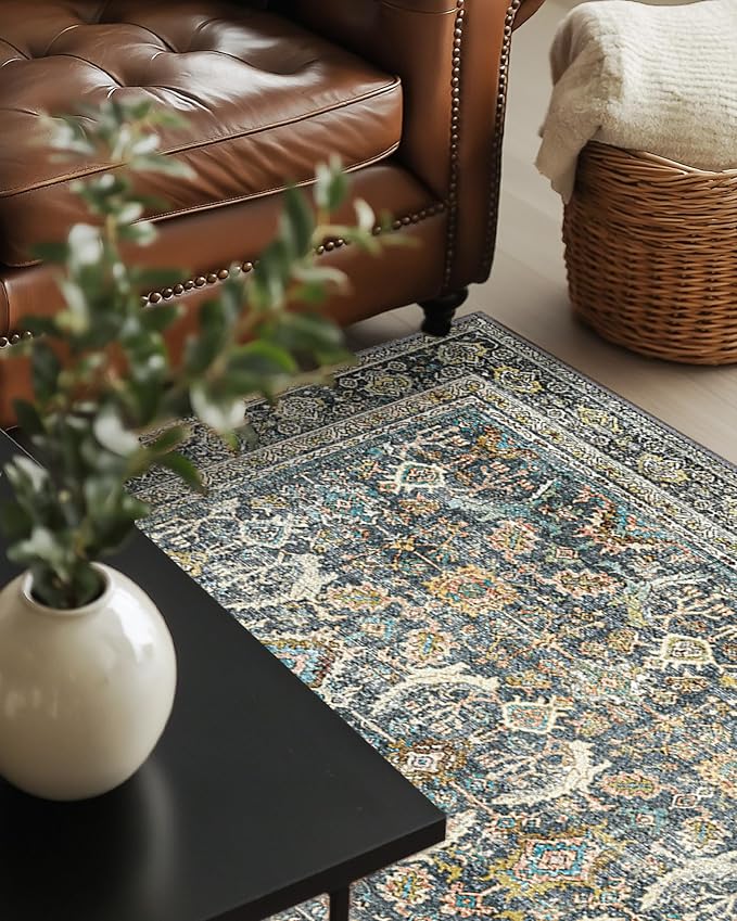 BESBLEE 8X10 Area Rugs Machine Washable Rugs for Living Room, Vintage Boho Large Rugs for Bedroom Dining Room, Non Slip Indoor Soft Distressed Lightweight Thin Low Pile Carpet, Terracotta