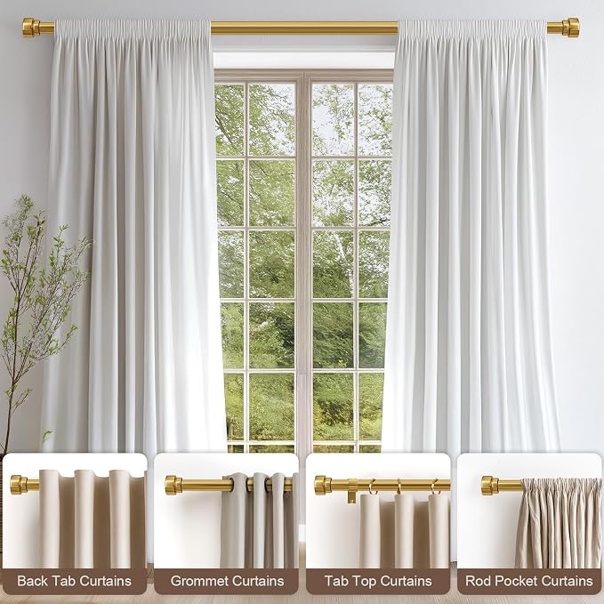 Lootkell 2 Pack Modern Gold Curtain Rods for Windows 72 to 144 Adjustable Heavy Duty 1" Diameter Brass Window Curtain Rod with Solid Metal Finials for Outdoor Farmhouse Bedroom Kitchen Living Room