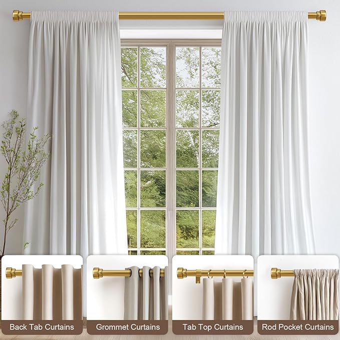 Lootkell Modern Gold Curtain Rods for Windows 48 to 84 Adjustable Length Heavy Duty 1" Diameter Brass Window Curtain Rod with Solid Metal Finials for Outdoor Farmhouse Bedroom Kitchen Living Room