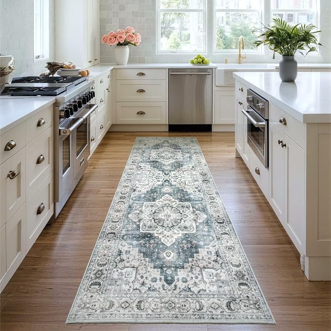 Lessymo Runner Rug 2 x 6, Machine Washable Entryway Rugs Boho Faux Wool Low Pile Area Rug for Bedroom, Floral Medallion Vintage Rugs with Non-Slip Rubber,Blue Grey/Beige