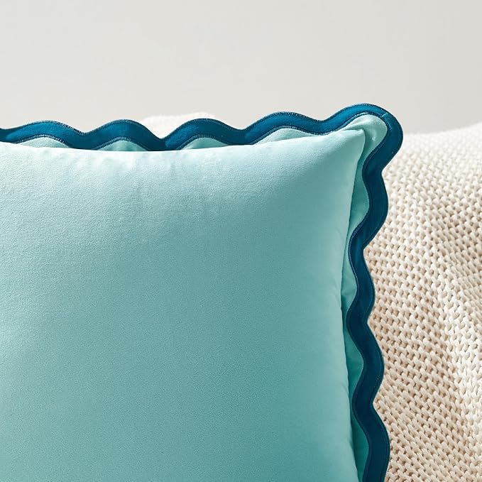 MONDAY MOOSE Decorative Throw Pillow Covers Cushion Cases, Set of 2 Soft Velvet Scalloped Wavy Edge Designs, Mix and Match for Home Decor, Pillow Inserts Not Included (20x20 inch, Blue/Light Blue)