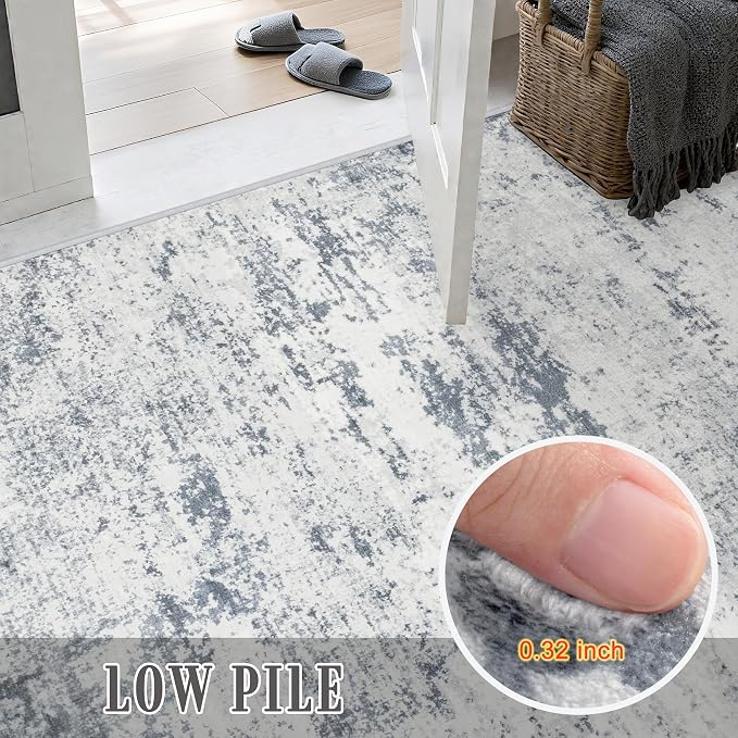 Washable Area Rug 3x5 Entryway Rug: Washable Modern Abstract Soft Thin Rug Indoor Floor No Slip Carpet for Bedroom Dining Room Farmhouse Nursery Home Office - Blue Grey