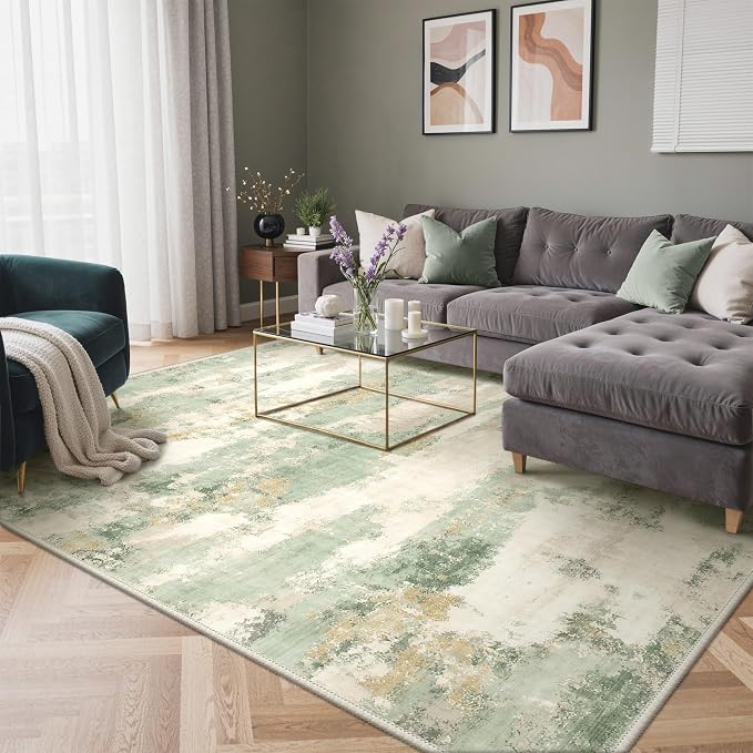 GENIMO Abstract Area Rug 6x9, Washable Large Modern Rug Non Slip, Low Pile Lightweight Soft Carpet for Living Room, Bedroom, Dining Room, Sage Cream