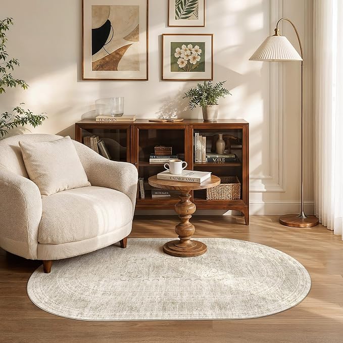 Nakagishi Oval Rugs for Entryway: Washable Non-Slip Neutral 3x5 Area Rug for Kitchen, Pet Friendly, Soft Stain Resistant Low Pile Oval Carpet for Bedroom
