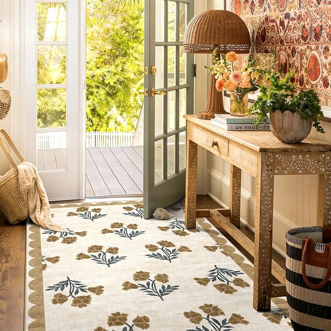 4x6 Area Rug for Bedroom - Soft Washable Boho Beige Living Room Rug Non Slip Entryway Rug Boho Floral Farmhouse Scalloped Rugs for Living Room Dining Room Kitchen Nursery Foyer Decor