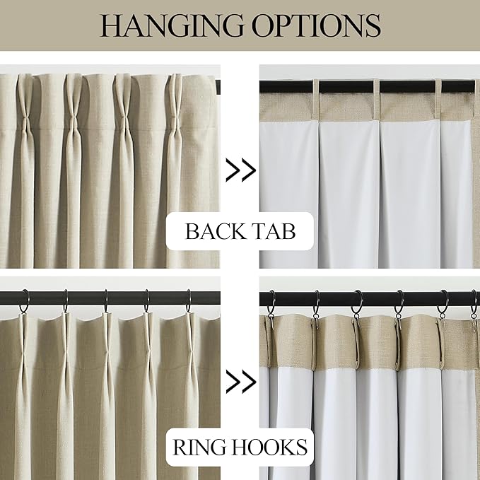 Vision Home Sand Pinch Pleated Full Blackout Curtains Linen Blended Room Darkening Window Curtains 72 inch for Living Room Bedroom Thermal Insulated Pinch Pleat Drapes with Hooks 2 Panel 40" Wx72 L