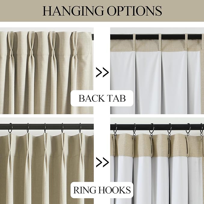 Vision Home Sand Pinch Pleated Full Blackout Curtains Linen Blended Room Darkening Window Curtains 120 inch for Living Room Bedroom Thermal Insulated Pinch Pleat Drapes with Hooks 10ft 40" Wx120 Lx2