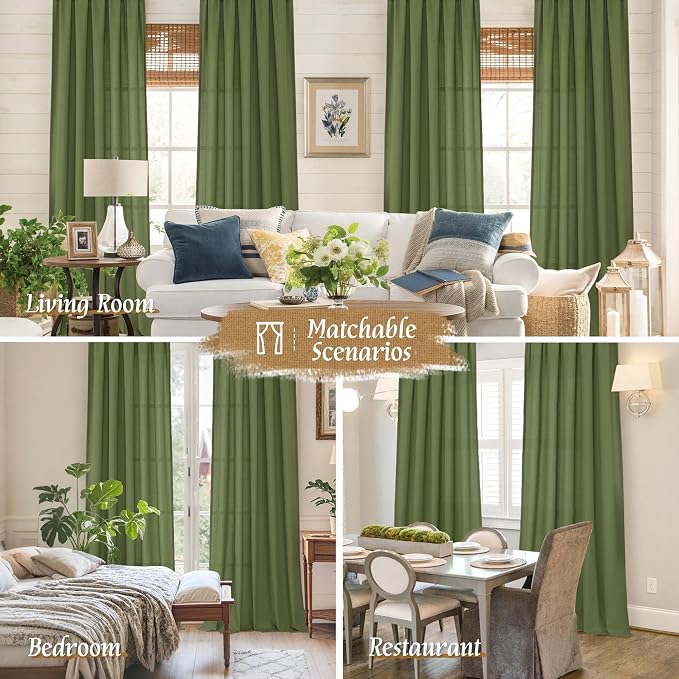 LAMIT Olive Green Linen Curtains for Bedroom, Faux Linen Textured Light Filtering Drapes Rod Pocket Boho Neutral Christmas Panels for Farmhouse/Living Room, 2 Panels, 52 x 72 Inch