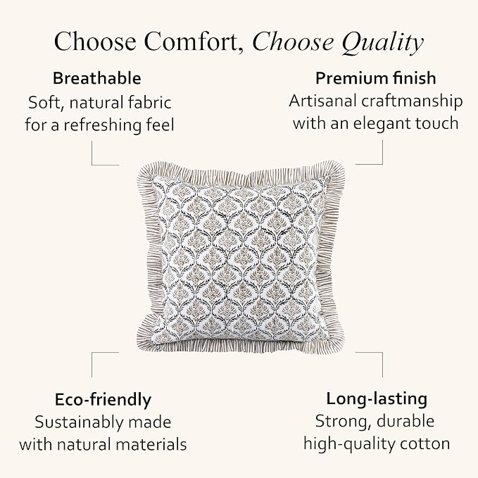 CPC Sandstone Regal Hand Block Print 100% Cotton Ruffle Throw Pillow Cover 18x18 inch with Hidden Zipper Decorative for Couch, Bed, Sofa, Farmhouse, Cottagecore Decor Gift Christmas Fall Thanksgiving