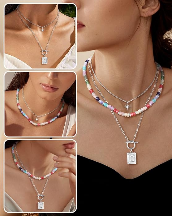 MJartoria Layered Initial Necklaces for Women Trendy, 14K Gold Plated Brass Simple Star Choker Square Letter Pendant Necklace, Colorful Beaded Necklaces Jewelry Gifts