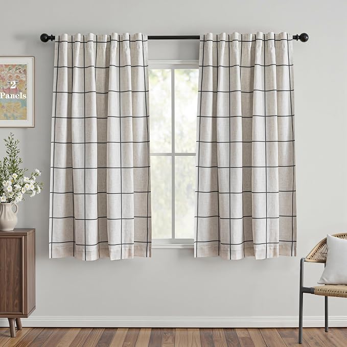 MYSKY HOME 100% Blackout Plaid Linen Curtains 63 Inches Long Double Layer Farmhouse Thermal Insulated Checkered Print Drapes with Rod Pocket Back Tab for Bedroom Living Room, 2 Panels, 52"Wide, Black