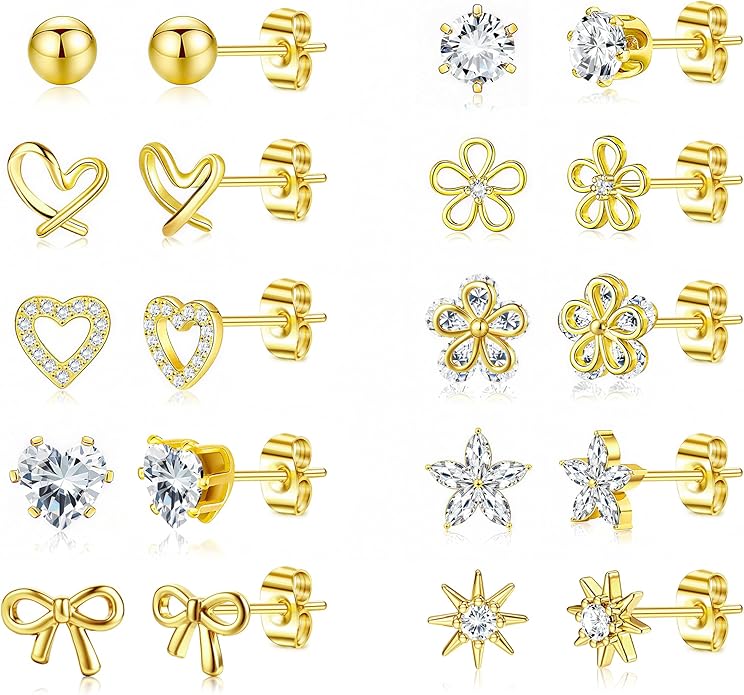LOYALLOOK Stud Earrings for Women Hypoallergenic, 14K Gold Plated Surgical Steel Earrings for Sensitive Ears Women Dainty Small Heart Flower Bow Earrings for Jewelry Gift