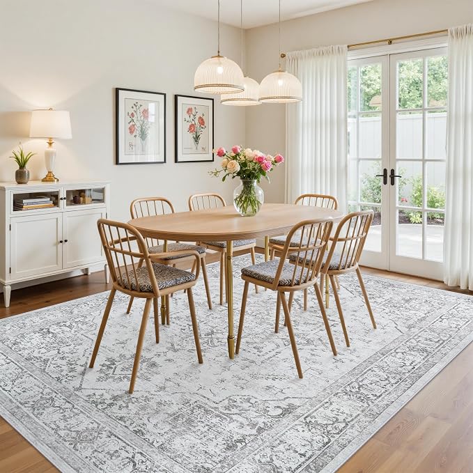 10x12 Area Rugs for Living Room:Washable Vintage Medallion Rug Non-Slip Soft Low Pile Gray Large Rugs Indoor Retro Carpet for Bedroom Kitchen Nursery Dining Table Office (Gray, 10'x12')