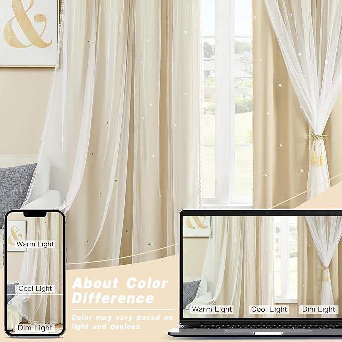 XiDi Beige Curtains with Sheer Overlay for Living Room Bedroom 2 Panels Star Hollow Out 80% Blackout Double Layer Curtains for Kids Girls Room Darkening Grommet Window Drapes with Tiebacks W52 X L54