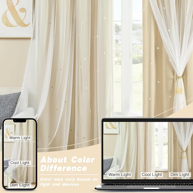 XiDi Beige Curtains with Sheer Overlay for Living Room Bedroom 2 Panels Star Hollow Out 80% Blackout Double Layer Curtains for Kids Girls Room Darkening Grommet Window Drapes with Tiebacks W52 X L63