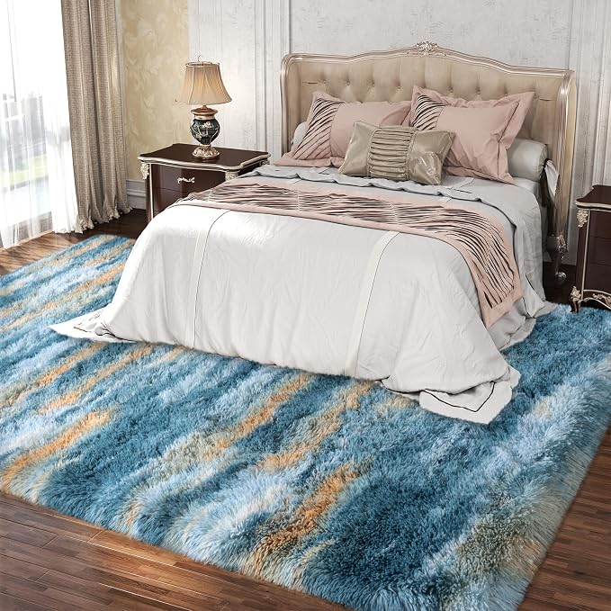 Dssimo Blue and Yellow Rugs for Living Room Bedroom, 4x6 Shaggy Area Rug | Large Plush Furry Upgrade Non-Slip Abstract Rug for Nursery Kids Room Dorm Room Home Decor, Modern Indoor Floor Carpet