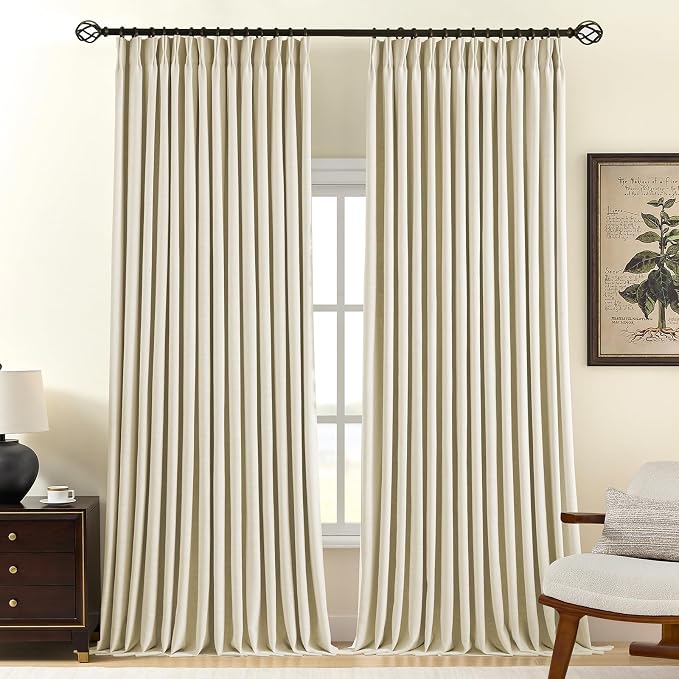 Pinch Pleated Curtains 100% Blackout Linen Curtains 102 Inches Long for Bedroom Living Room, Creamy Beige Memory Trained Thermal Insulated Room Darkening Window Drapes with Hooks 2 Panels 40"Wx102"L