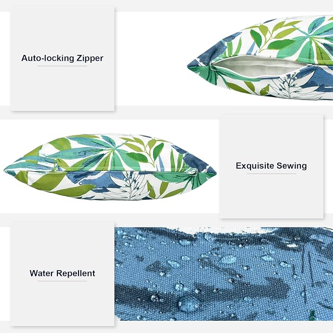 Outdoor Lumbar Pillows, Water Repellent Cushion Pillows 12x20 Inch, Outdoor Pillows with Inserts for Home Garden, Pack of 2, Islamorada Blue Green